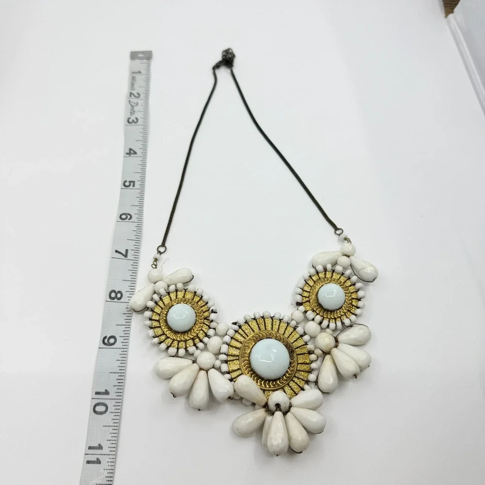 VTG White Faux Stone Brass Tone Bib Necklace Boho Chunky Statement Costume Goth